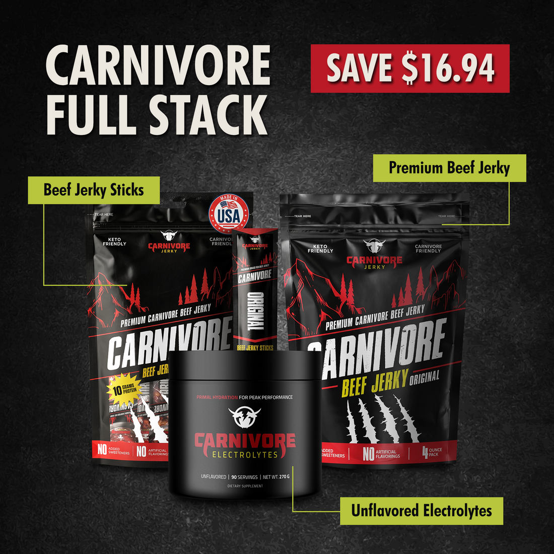 Carnivore Full Stack, unflavored electrolytes, jerky sticks and premium beef jerky, save $16.94