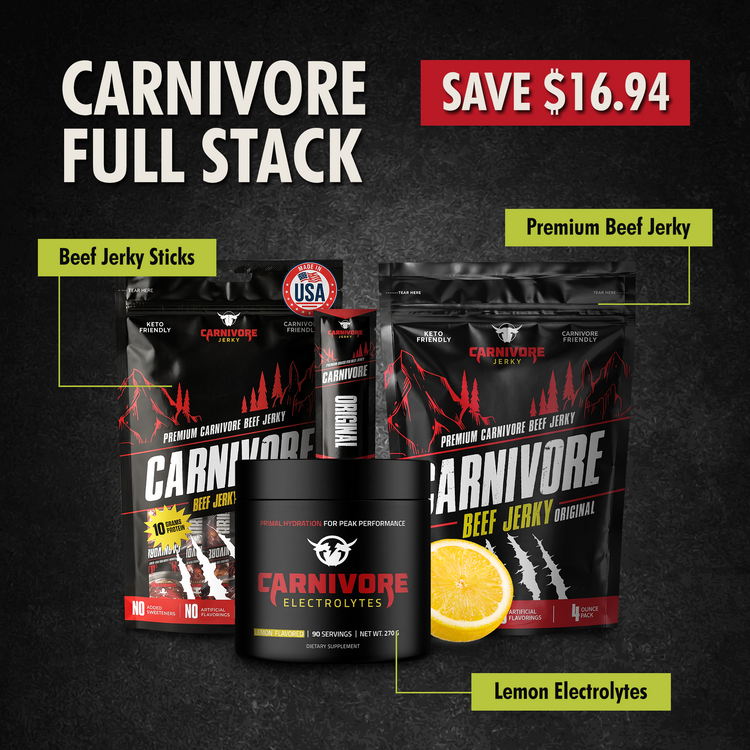 Carnivore Full Stack, lemon electrolytes, jerky sticks and premium beef jerky, save $16.94
